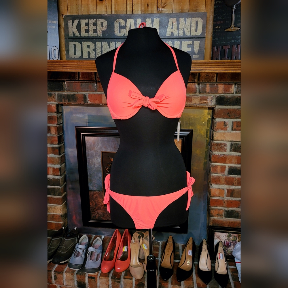 🔥🧡 NWT RELLECIGA Womens Bikini Tie Swimsuit 2 pc Flourescent Orange - SZ LG